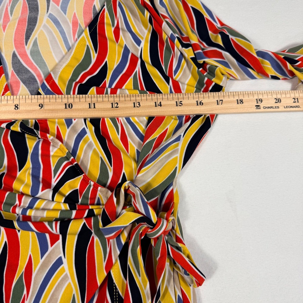 J.Crew 2 Faux Wrap Dress Multicolor Abstract Brunch Resort Knee Length Tie Waist - Picture 7 of 16